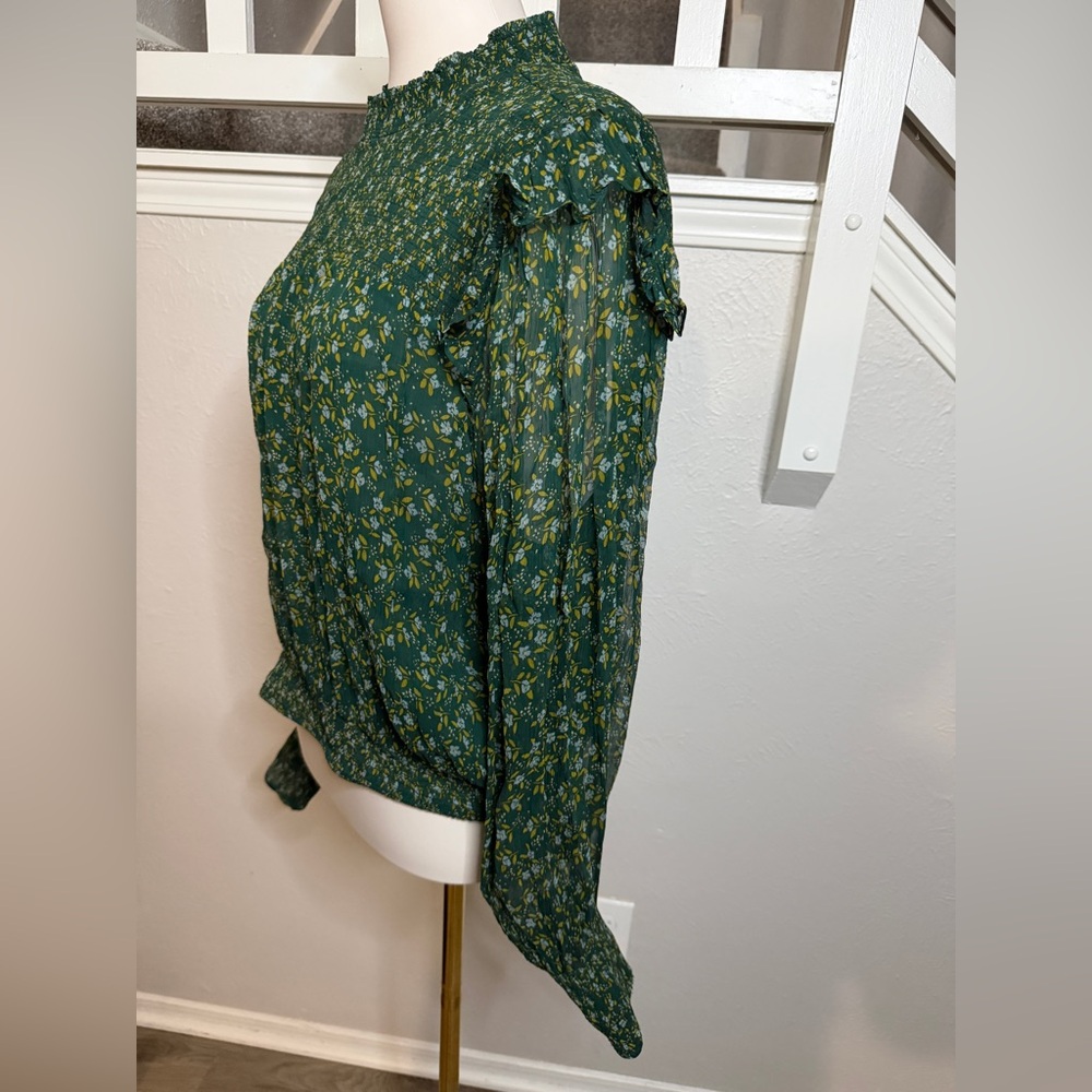 Free People Dark Green Floral Sheer Long-Sleeve Blouse - Picture 6 of 11